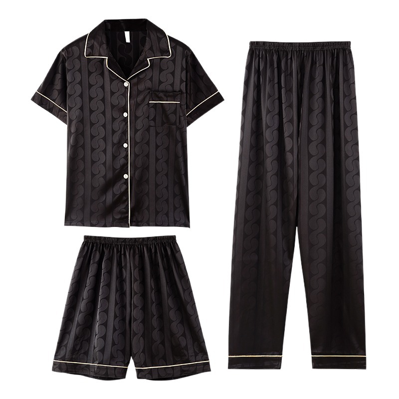Pijamas de verano de alta calidad Traje de tres piezas de seda de hielo para hombres Estudiante de manga corta para jóvenes Ropa de abrigo de seda real