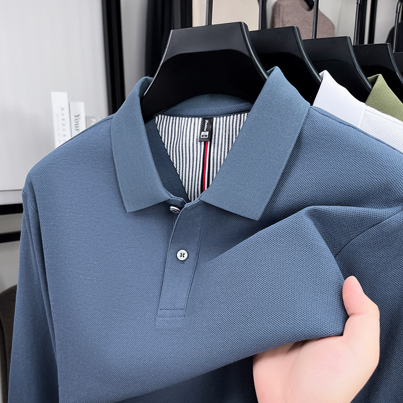 Men's pure cotton long-sleeve polo shirt, spring and autumn casual, high-quality 100% pique cotton, turn-down collar men's T-shirt Men's pure cotton long-sleeve polo shirt, spring and autumn casual, high-quality 100% pique cotton, turn-down collar men's T-shirt