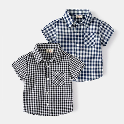 2023 new boys' short-sleeved plaid shirt, cool and casual summer boys' shirt, plaid style children's short-sleeved shirt