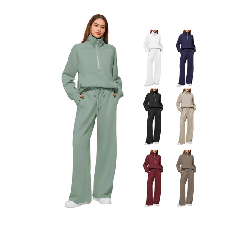 European and American Amazon Women's 2-Piece Set 2024 Half-Zip Sweatshirt Wide-Leg Sweatpants Casual Suit Women