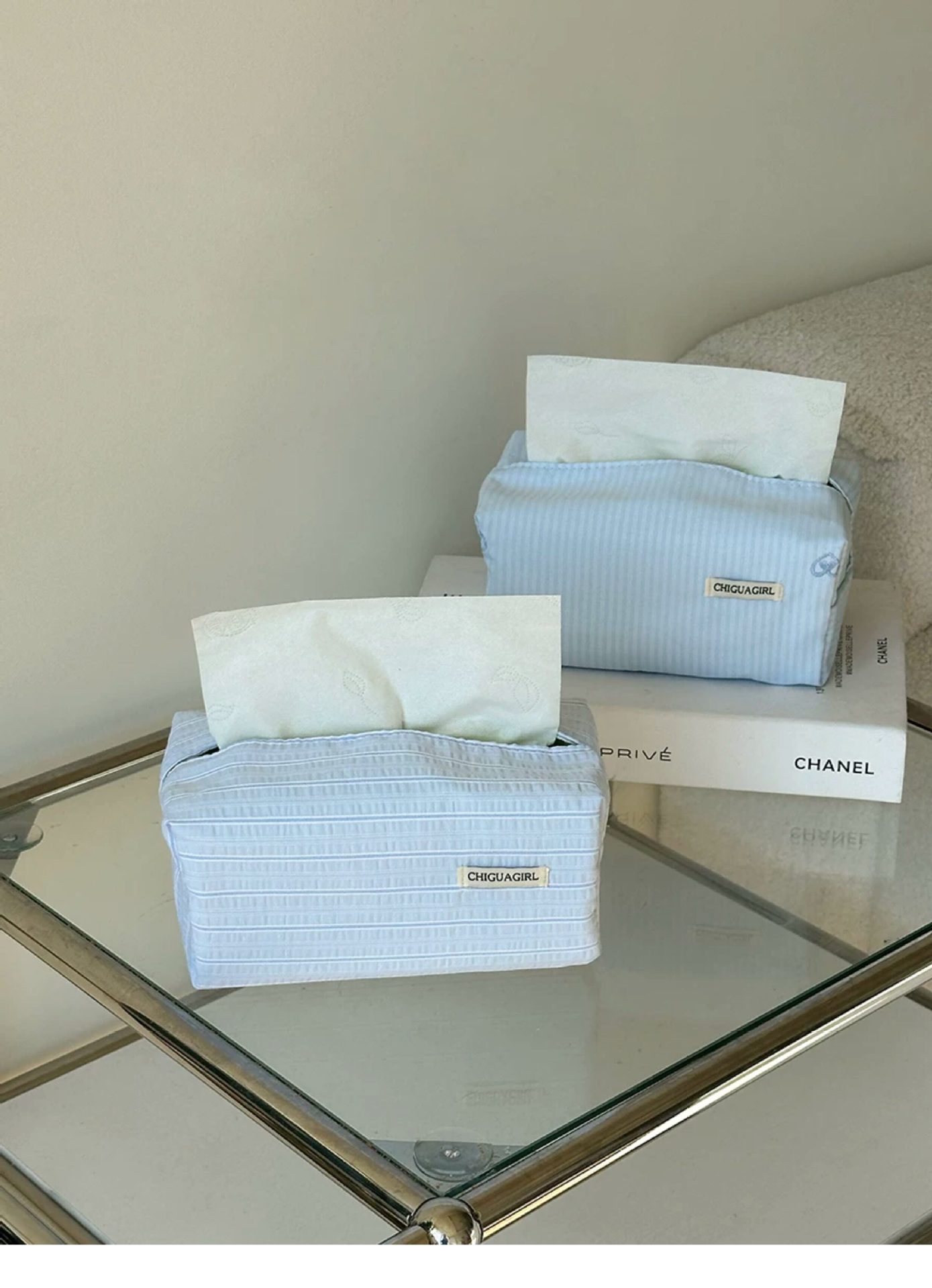 Korean-Style Blue Striped Tissue Box Fabric Tissue Cover with Simple Embroidery, High-End Feel, Desktop Decoration Ornament