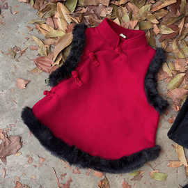 中国风拜年服呢子马甲母女装网红亲子装冬季加绒加厚卫衣新年