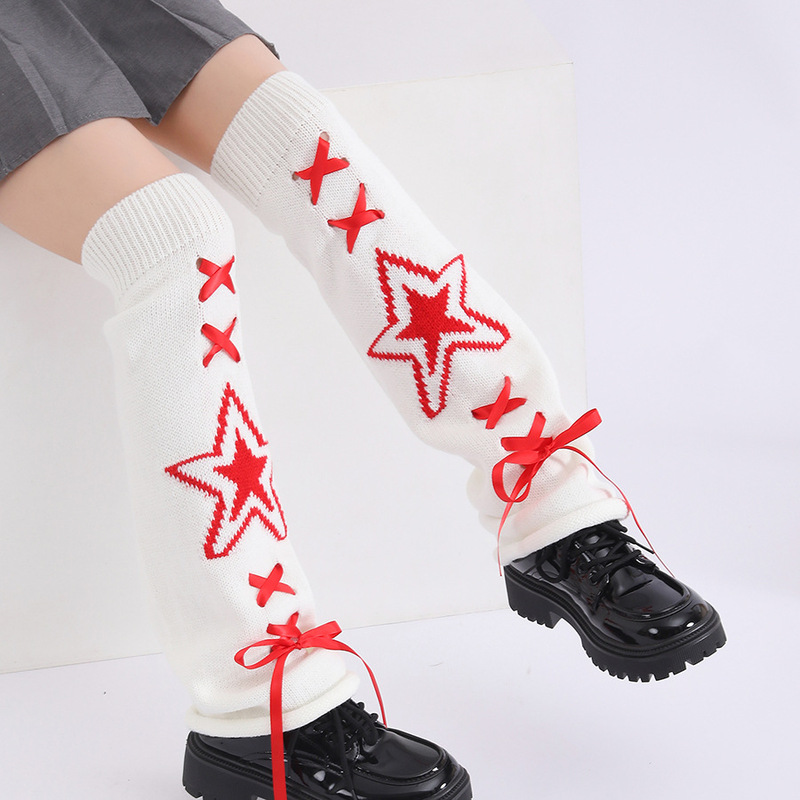 Cross-Border Knitted Flared Sock Covers Jk Style Hot Girl Slouchy Socks Women's Mid-Length Star Pattern Warm Wide-Leg Leg Warmers
