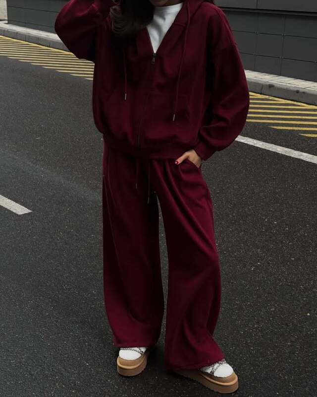 时尚欧美ins风女装休闲长袖连帽运动开衫长裤两件套春秋纯色女装|undefined