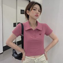 棉上衣新款设计感小众t恤女短款上衣夏季刺绣短款短袖Polo领跨境
