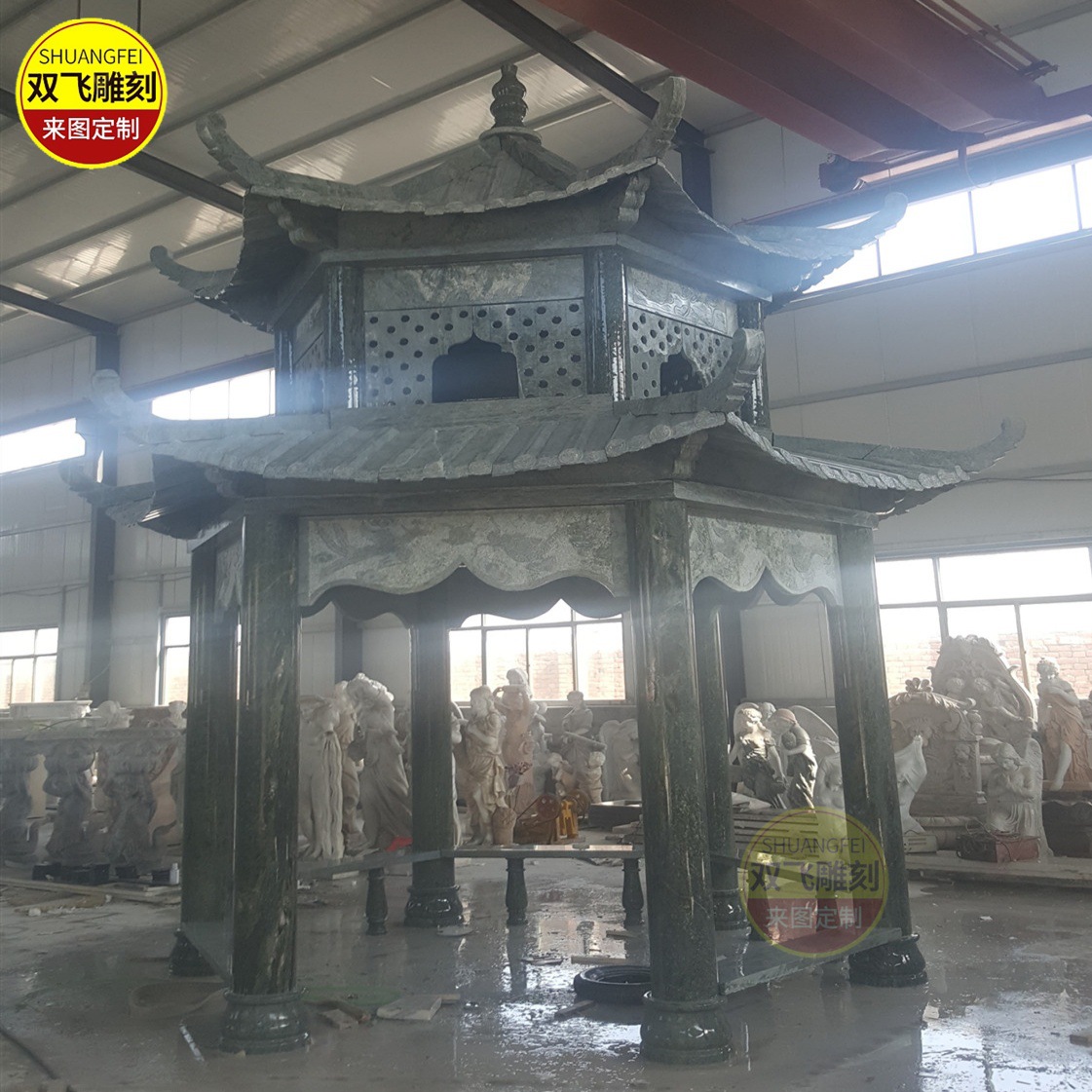 工厂供应大理石中式凉亭晚霞红花岗岩六角凉亭庭院休闲亭户外亭子