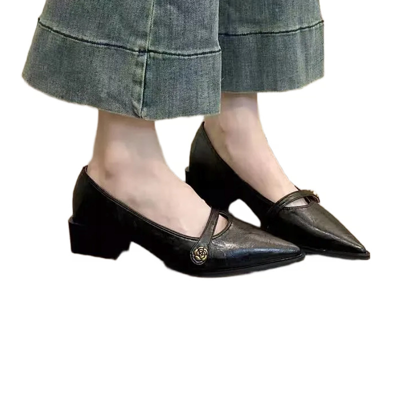 2026 retro superficial francesa tacones altos puntiagudos camelina hebilla de tacones gruesos temperamento universal zapatos de mujer