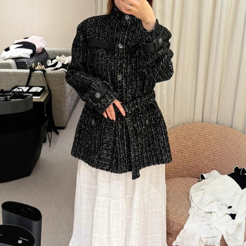 Nanyou Classy Women's Clothing Cc Home Black Stand-Up Collar Strap Waist Mid-Length Small Fragrant Tweed Jacket Autumn