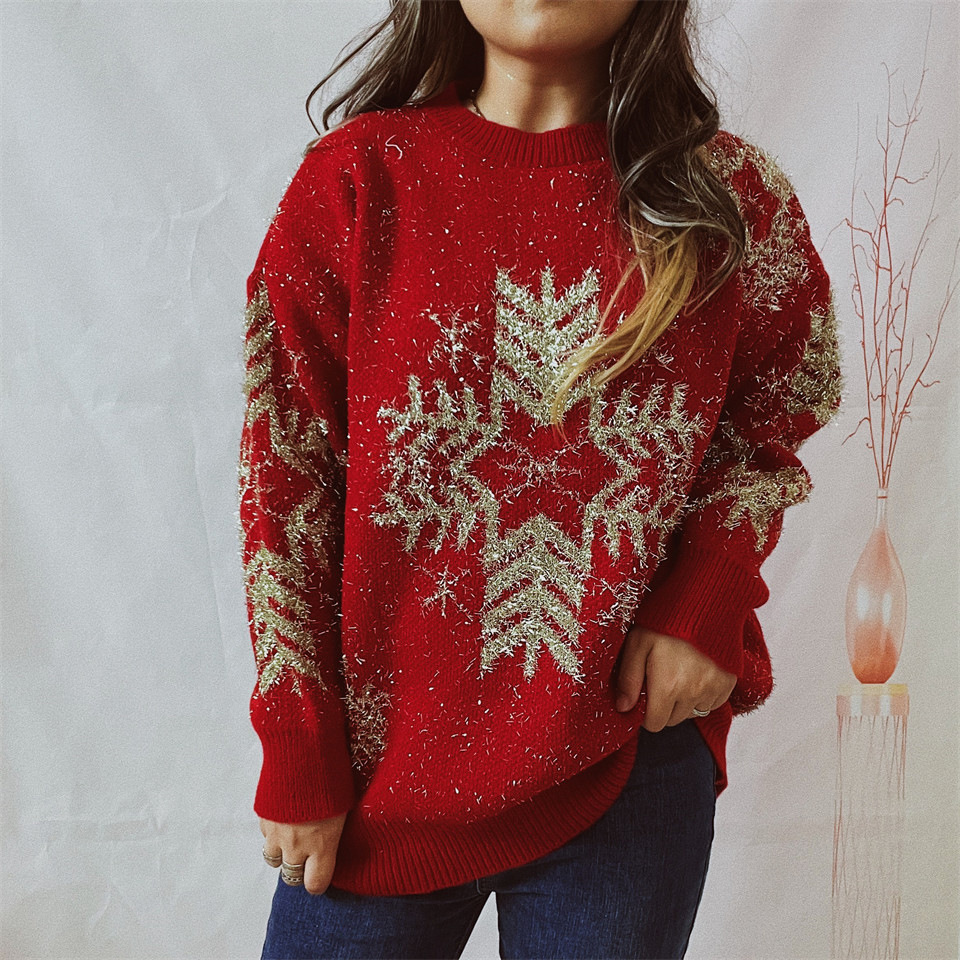 Women's Clothing Autumn and Winter Loose Gold Thread Big Snowflake Christmas Sweater Round Neck Long Sleeve Thick Pullover Women_voghion.com