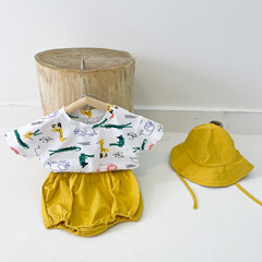 0-3 years old baby set with hat 2023 summer Korean version animal print baby and children short-sleeved triangle shorts set