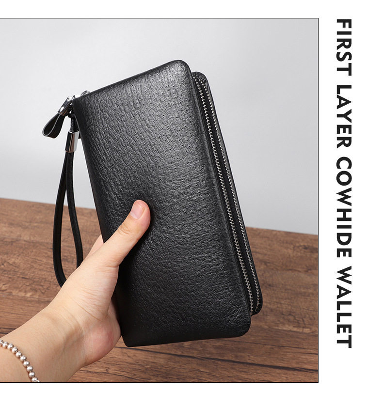 Ví nam dài da thật họa tiết da đà điểu, khóa kéo đôi, nhiều ngăn đựng thẻ, 21×4,5×11 cm — Màu đen hoa văn đà điểu cỡ nhỏ, Mẫu đà điểu đen cỡ vừa chi tiết 7