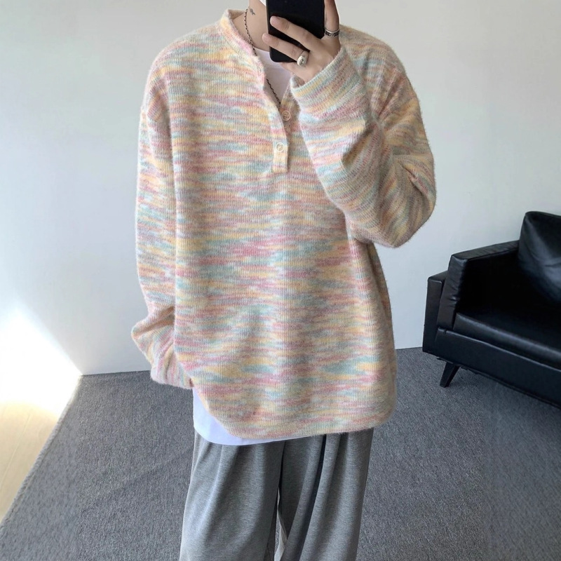 Colorful Henry Collar Knitted Sweatshirt Men's Autum American Retro Lazy Style Sweater Vintage Couple Jacket