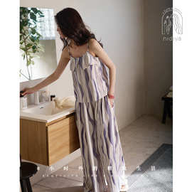 妮狄娅睡衣女夏季柔软棉带胸垫吊带衫时尚阔腿裤度假风家居服套装