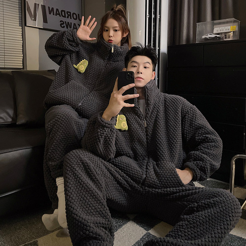 Couple Pajamas Women's Autumn and Winter Coral Fleece Plus Velvet Thickened Winter Men's Teenage Flannel Home Clothing Set