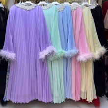 澳洲重工手工宝石压褶羽毛阔袖长款连衣裙宽松名媛贵妇精致慵懒风