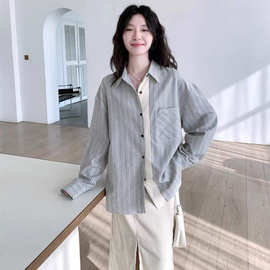 拼接条纹长袖衬衫女士春夏季2025新款洋气超火设计感开衫外套上衣