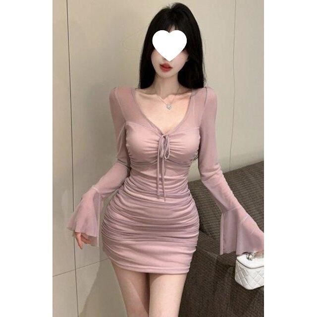 Purely Sexy Mesh Dress, Retro Purple Collar Tight-Fitting Short Skirt for Women, Summer Flared Sleeves, Pleated Hip-Hugging Skirt
