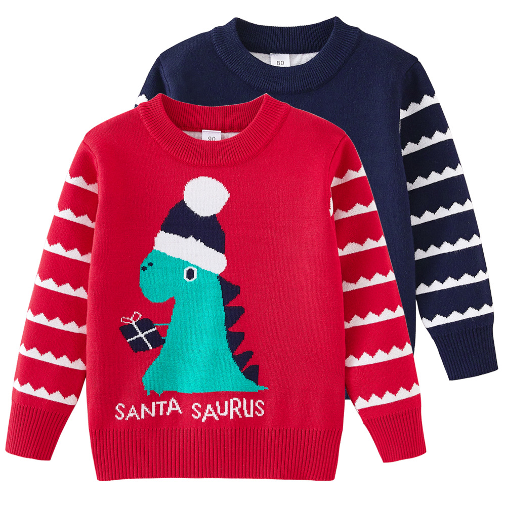 2023 Otoño e Invierno niños europeos y americanos Navidad dinosaurio dibujos animados niños y niñas Suéter de fondo para niños suéter infantil Jacquard