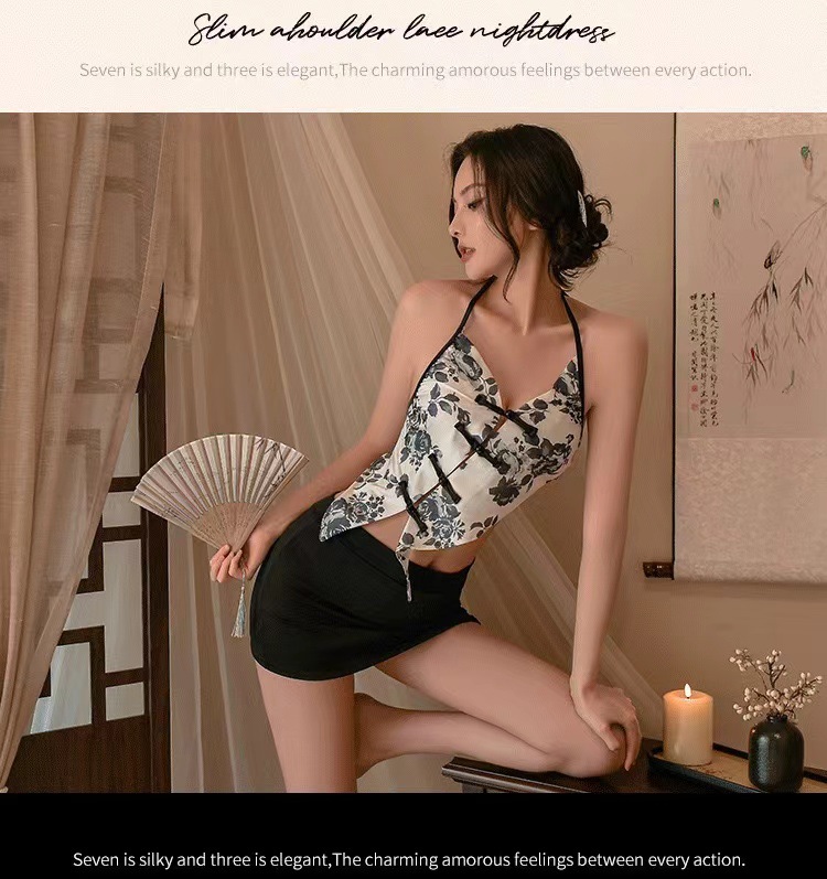 Retro Secretary Roleplay Lingerie Set with Neck-Hanging Bellyband and Ultra-Short Hip Skirt — detail image 3
