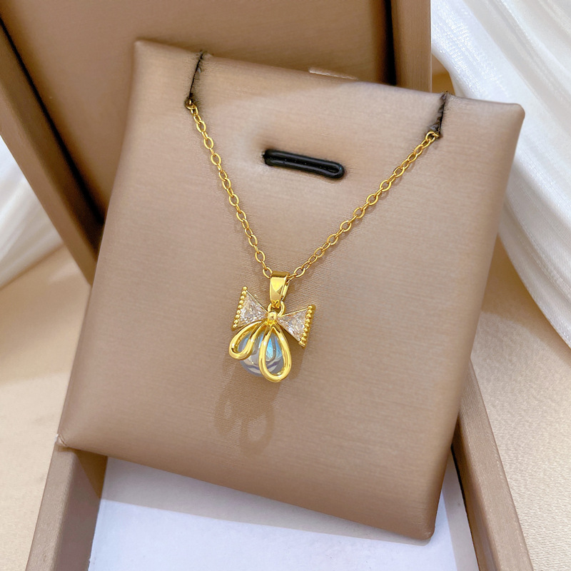 Edle Perlen Schleifen Halskette Diamant Titanium Stahl Kette_voghion.com