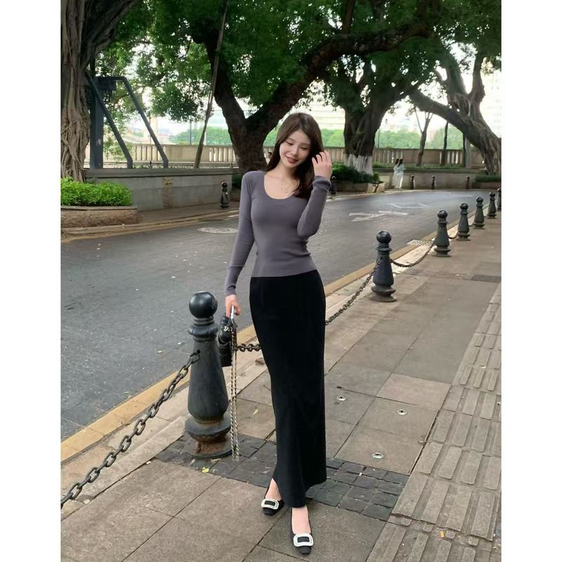 2025新款高智美人包臀弹力半身开衩长裙高级乱麻梨形显瘦直筒半裙|undefined