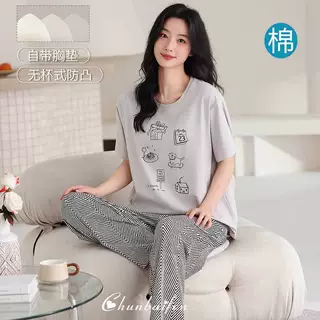 睡衣女款2026年新款夏季带胸垫纯棉可外穿短袖长裤卡通薄款家居服