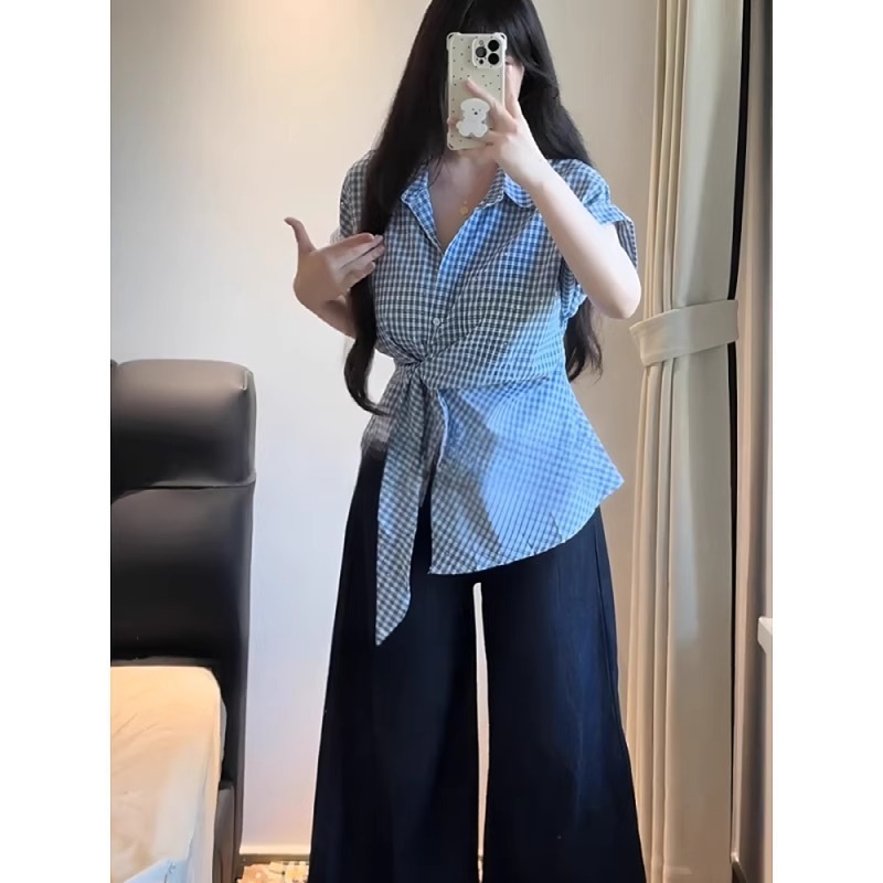 大码收腰绑带短袖POLO领蓝色衬衫女装夏季显瘦中长款法式格子上衣|undefined