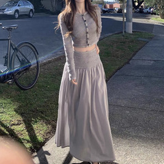 私享时刻 条纹针织上衣长半裙休闲两件套装女2025秋新款 一件代发