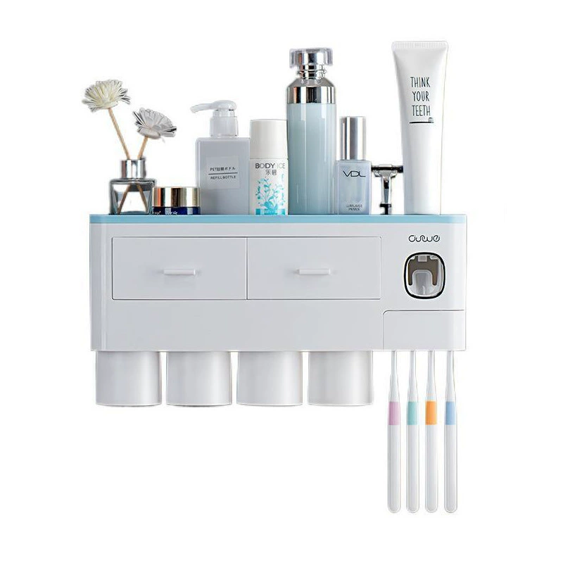 Wall-Mounted Toothbrush Holder Rack, Magnetic Suction with Toothpaste Squeezer, 2–4 Cups