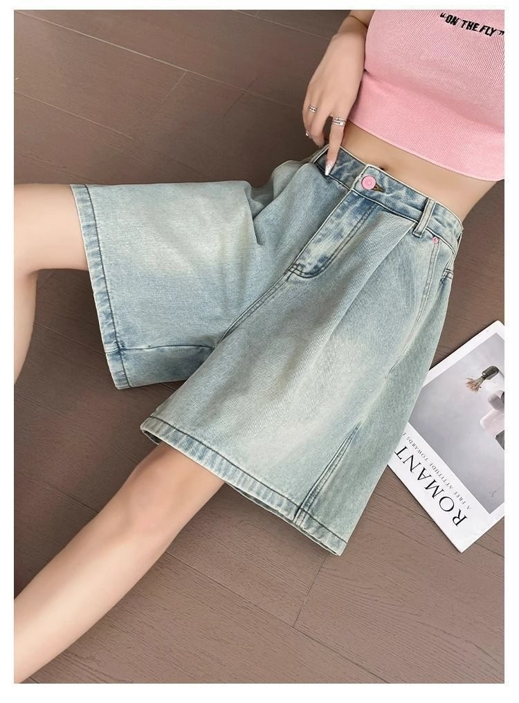 Quần jean nữ ống rộng eo cao thiết kế nếp gấp Hàn Quốc dáng suông thoải mái — Màu xanh nhạt [MM béo nhắm mắt nhập] chi tiết 11