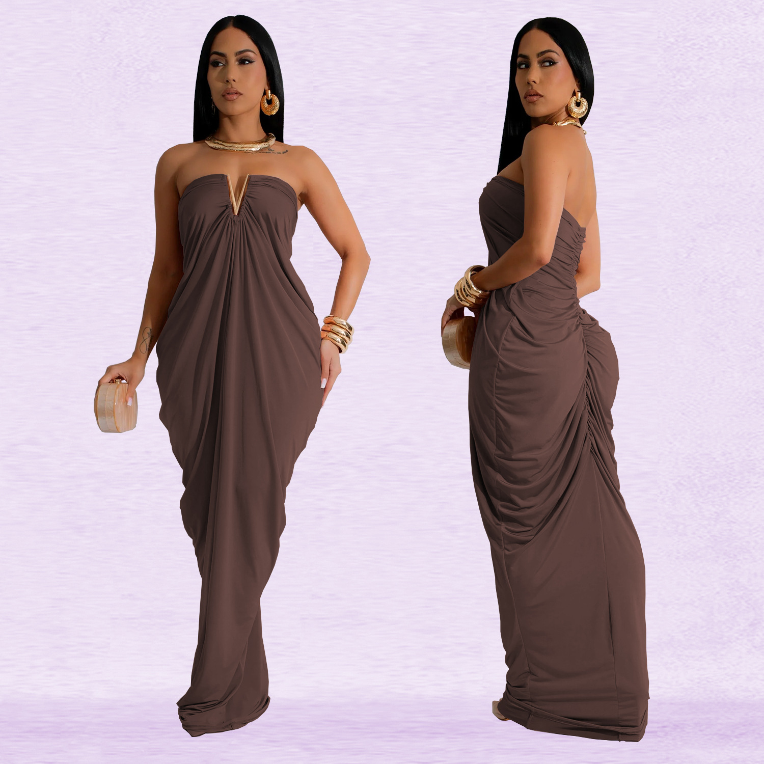 C7135 Aliexpress transfronterizo Amazon Europa y América de moda de mujer color sólido sexy vestido delgado vestido de cuello en v nuevo image 5