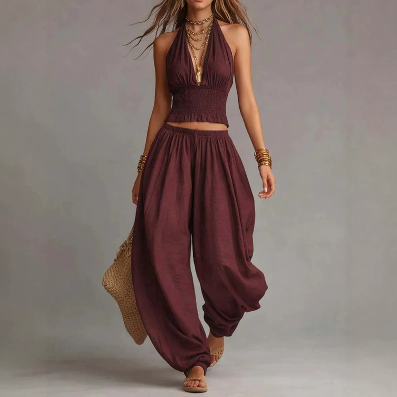 2026 Cross-Border Amazon European and American Style Sleeveless Backless Short Halter Top + Wide-Leg Pants Two-Piece Set