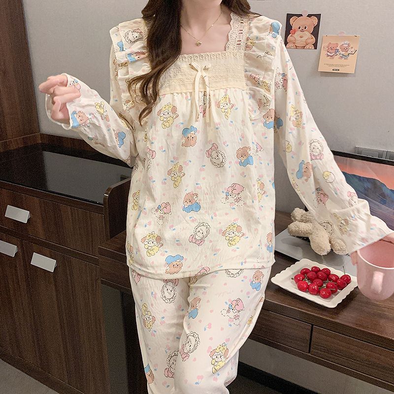 Al por mayor transfronterizo de otoño pantalones de mangas largas pijamas de mujer ropa de hogar de color sólido de dibujos animados encaje cojín de pecho princesa viento