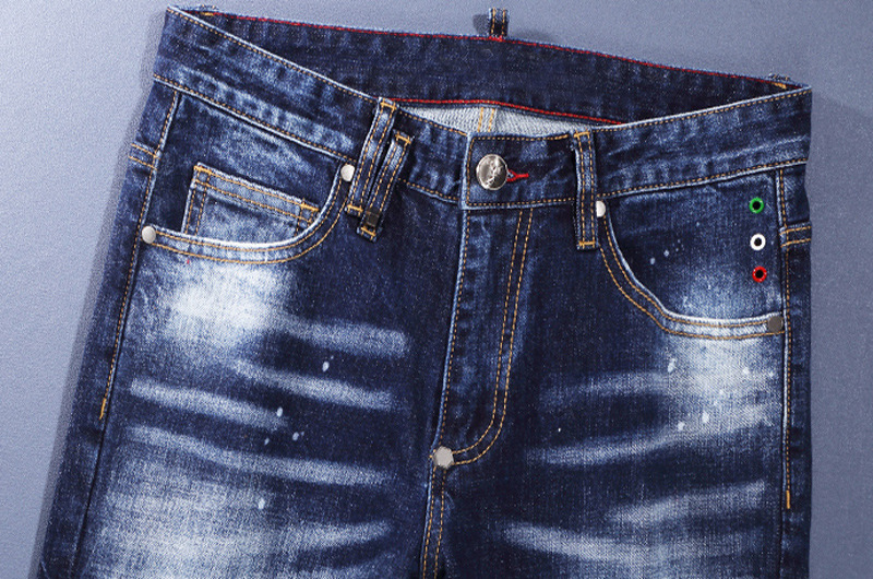 Men's Retro Blue Washed Jeans With Paint Splatter Effect Slim Fit Stretch Skinny Denim Pants Functional Design_viptrois.com