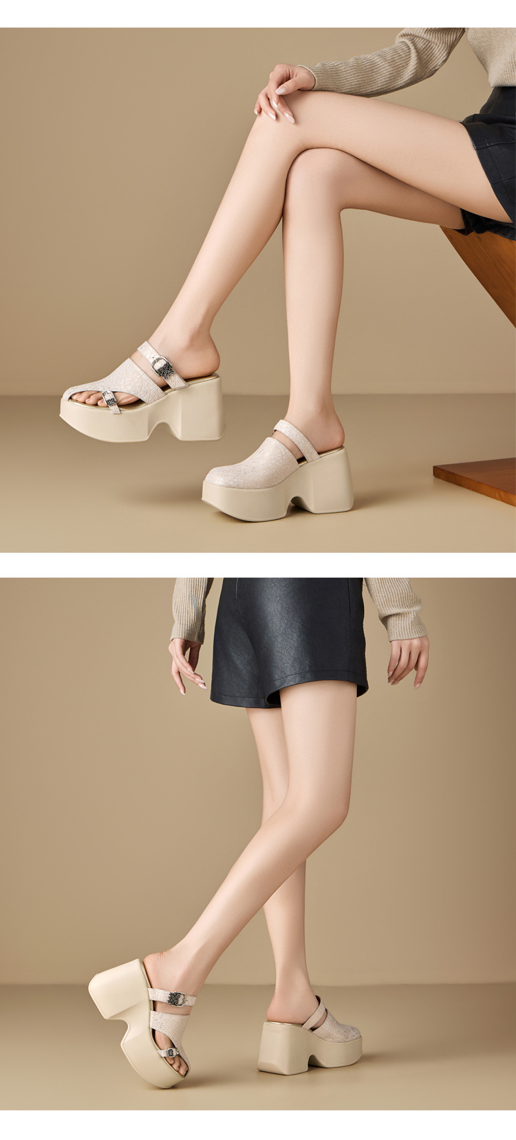 Sandal cao gót nữ đế xuồng platform 10 cm, mũi kín, quai ngang, dáng điệu nhẹ nhàng — màu đen, Vàng nhạt, bạc chi tiết 6