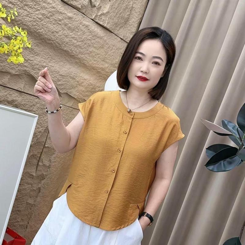 休闲女士宽松短款衬衫恤夏季休闲风纽扣圆领纯色百搭时尚气质|undefined