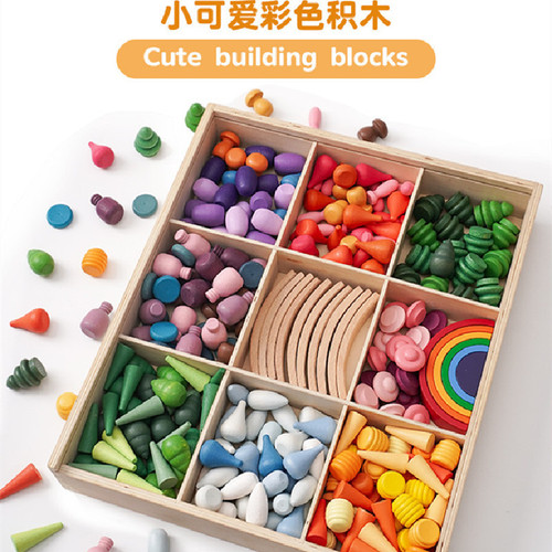 Wooden children's open-ended creative four-season themed cute construction rainbow building block combination set toy