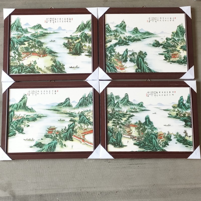 New Chinese style decorative ceramic porcelain plate painting home framed sofa background landscape flowers and birds four-piece wall mural