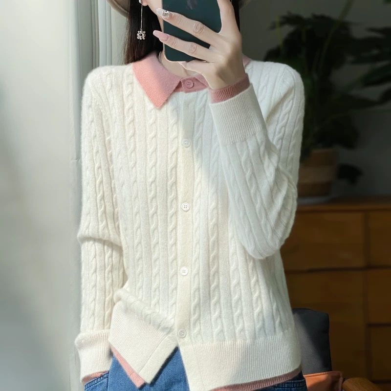 假两件翻领扭花拼色毛衣女开衫新款秋冬季宽松时尚针织打底衫外穿|undefined