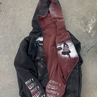 欧美潮流设计感复古印花重磅双面穿连帽衫个性街头男女同款卫衣