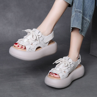 Jishu 2025 First-Layer Cowhide Retro String Cut Out Sandals Handmade Genuine Leather Velcro Thick-Soled Women's Shoes for Small People