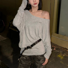 MosesQueen/魔西女王美式不规则斜肩长袖t恤女装辣妹宽松显瘦上衣