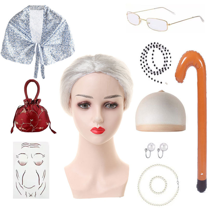 Amazon nueva abuela peluca abuelo pelo vieja dama vieja peluca chal traje accesorios traje