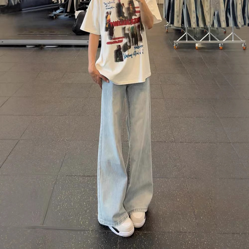 American-Style Washed Light Blue Jeans for Men, Spring Thin Straight-Leg Pants, Slimming High-Waisted Wide-Leg Flared Long Pants