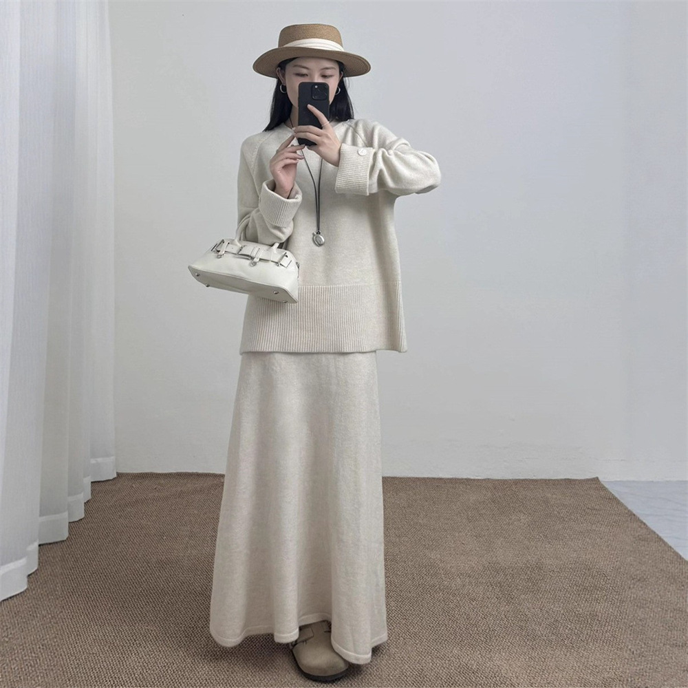 法式高级感毛衣套装女跨境外贸宽松慵懒气质针织上衣半身裙两件套