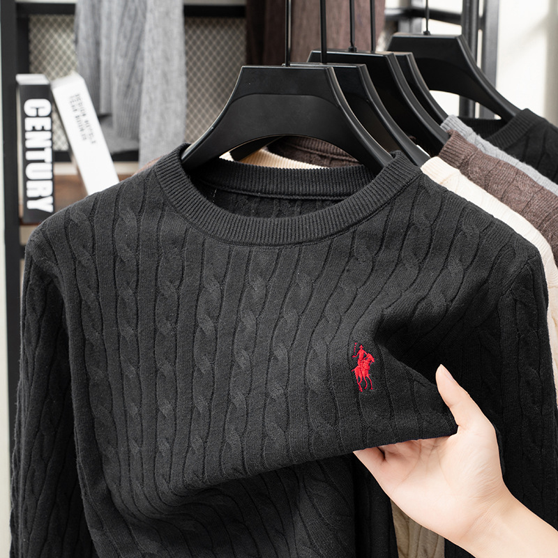 Cross-Border High-End Twisted Men's Knitwear Long-Sleeved Round Neck Pony Embroidered Casual Versatile Sweater Men's Wholesale Trend