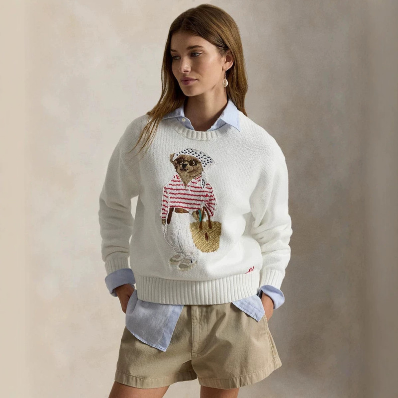 2026 Autumn and Winter New European and American Cross-Border Round-Neck Loose White Bear Fashion American-Style Long-Sleeve Knitted Sweater 2026 Autumn and Winter New European and American Cross-Border Round-Neck Loose White Bear Fashion American-Style Long-Sleeve Knitted Sweater