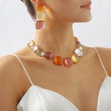 N11161跨境时尚拼色果冻颈链女 ZA波西米亚风几何形项链耳环套装
