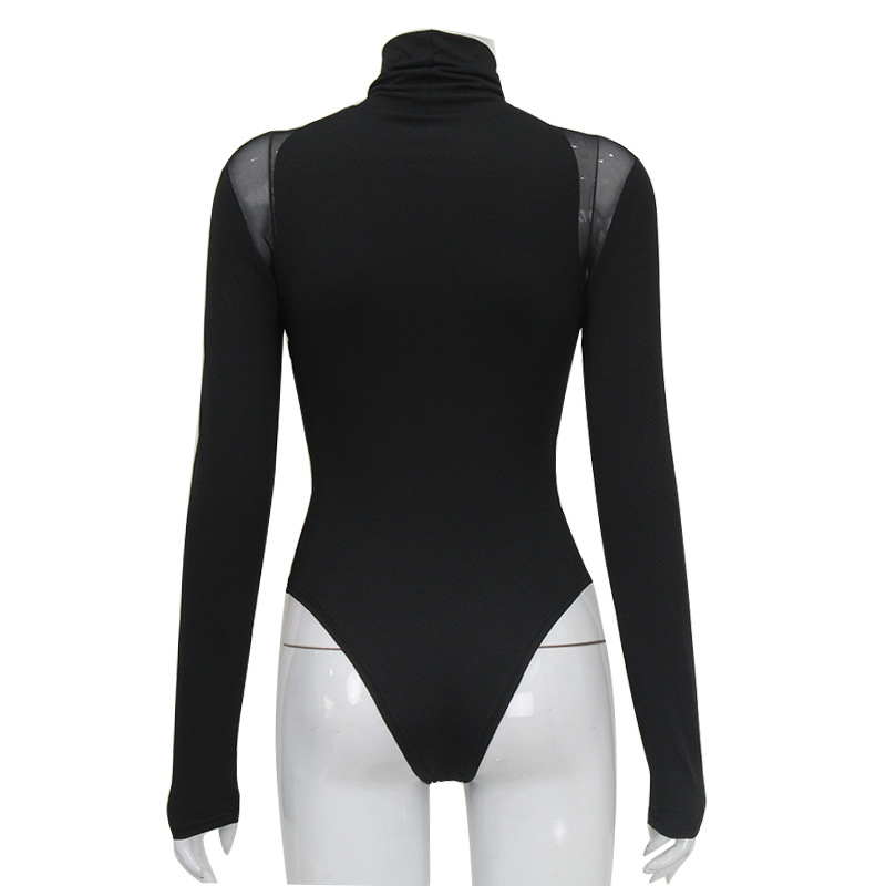 Mono de manga larga elegante y ajustado con cuello alto y malla, de alta elasticidad, para mujer, venta al por mayor, éxito de ventas transfronterizo en Europa y América.
