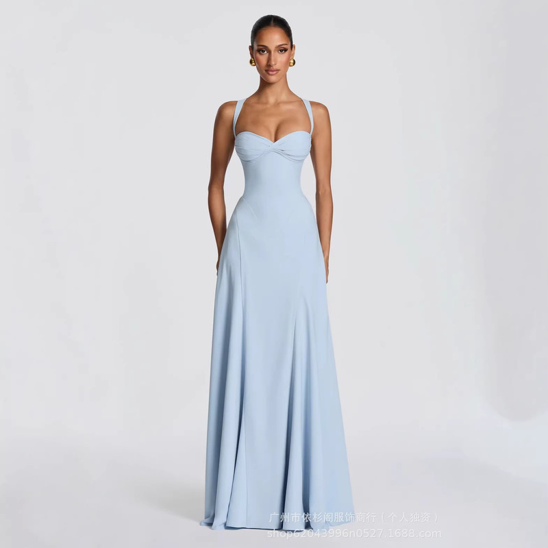 2026 New Cross-Border European and American Style Women's Clothing in Stock, Elegant and Sexy Sleeveless Solid Color Back-Crossed Strap Dress